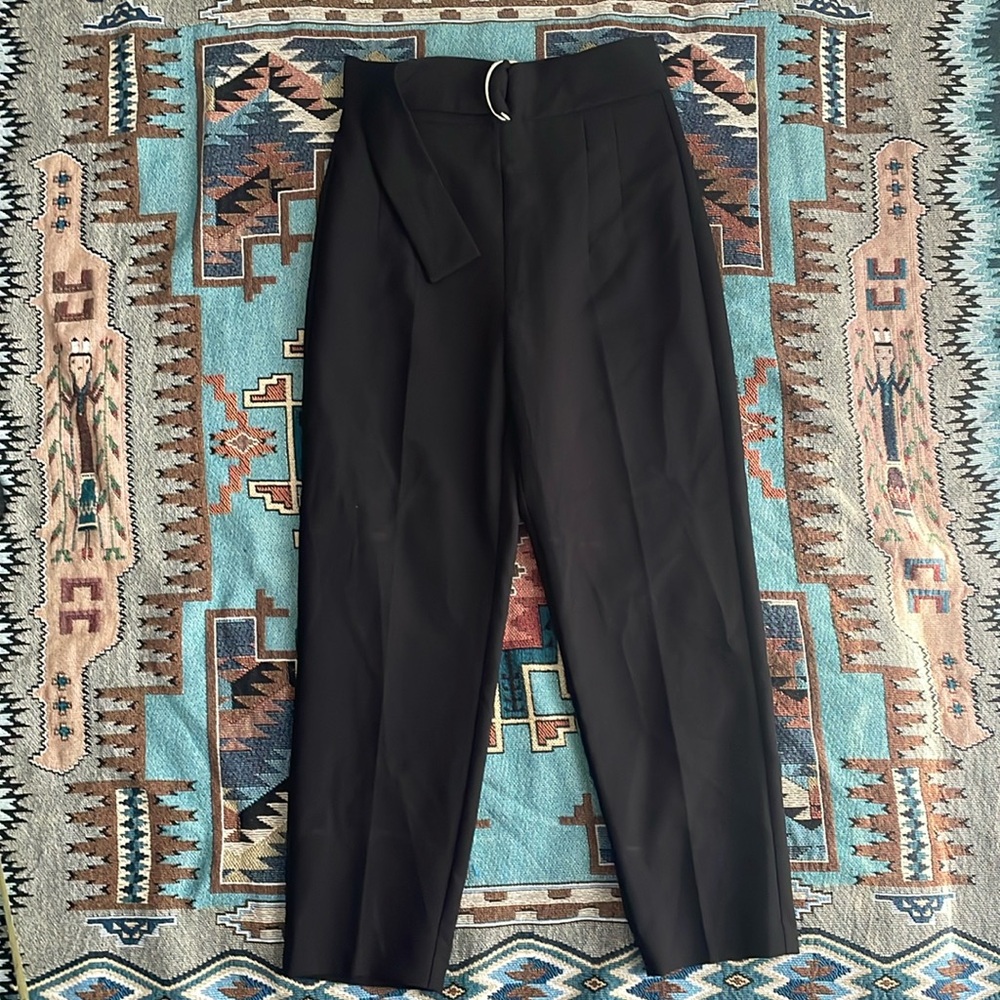 Zara High Rise Trouser Pants Womens Large Black Straight Leg Belted Pleated